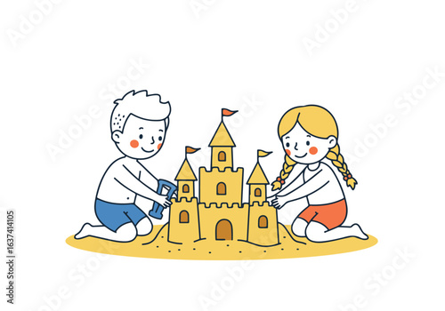 Children construct a sandcastle on the beach. Summer background. Use for cards