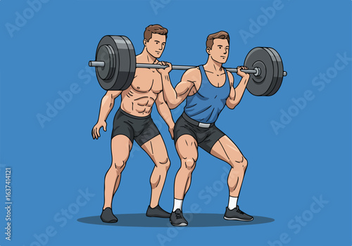 Spotter helps lifter squat with barbell in gym, blue background for fitness tutorial use
