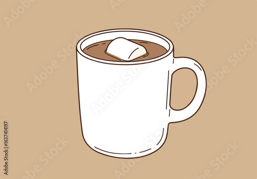 Warm beverage with marshmallow in a white mug on brown background. Use Ads