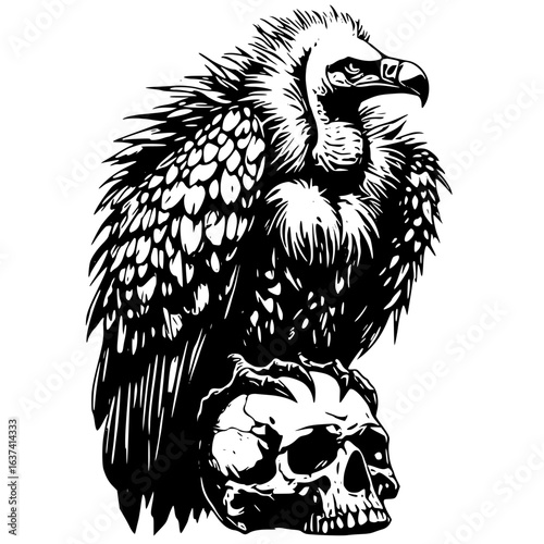 Vulture sitting on a skull