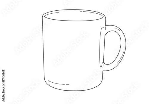 A simple line art illustration of a white ceramic mug with a handle set against a plain background