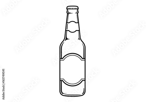 A stylized blackandwhite line drawing of a glass beer bottle with a label