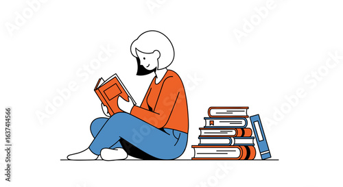 Illustration of a woman sitting and reading a book next to a stack of books