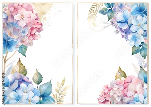 Soft watercolor hydrangea blooms in pink and blue with delicate greenery for wedding invitations or greeting cards