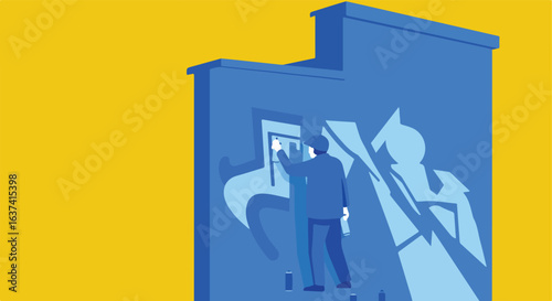 Individual painting graffiti on a building, using spray cans