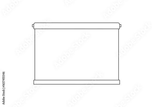 Gray outline of a rectangular projector screen with a roller at the top and a metal bar at the bottom
