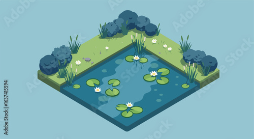 Isometric pond with water lilies. The bank is planted; vector for web design, apps