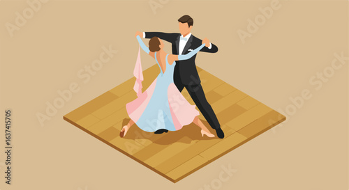 Isometric Couple Ballroom Dancing on Parquet Floor; Illustration for Dance Lessons
