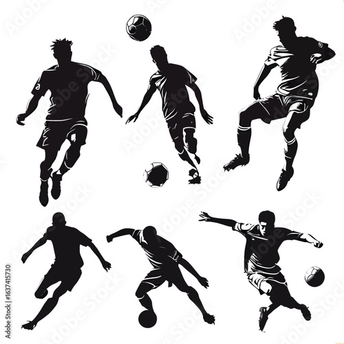 Dynamic collection of black soccer player silhouettes in various action poses as a vector set.