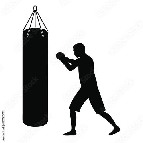Black Silhouette of Fighter Hitting Punching Bag
