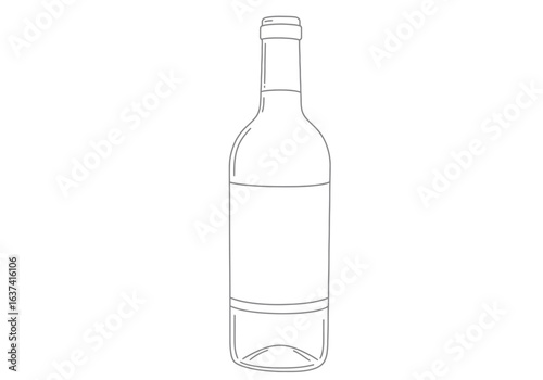 Line art drawing of a wine bottle featuring its cylindrical body curved shoulder long neck and bottle cap