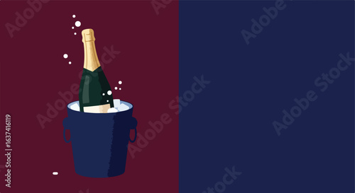 Celebratory Bottle in ice bucket on burgundy, dark blue, minimal graphic style
