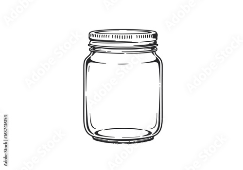 Line drawing of clear glass mason jar with threaded lid standing centered on white backdrop