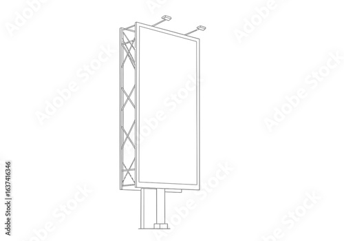 Outline of a billboard structure featuring a blank sign on a supporting frame illuminated by topmounted lights