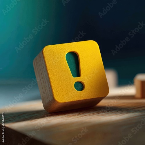 Yellow wooden cube with teal exclamation mark