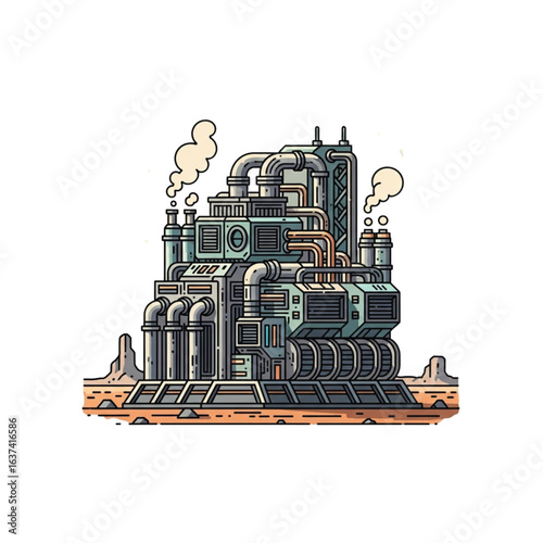 Futuristic industrial complex emitting steam, situated in a desolate, rocky landscape.
