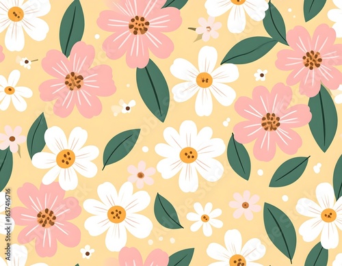 Wallpaper Mural Cheerful spring floral seamless pattern with hand-drawn pink and white flowers. Botanical vector illustration on a soft yellow background. Torontodigital.ca