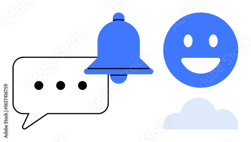 Speech bubble, notification bell, happy face, and cloud in blue and black tones. Ideal for communication, messaging, alerts, social interaction, user interface design notifications simple landing
