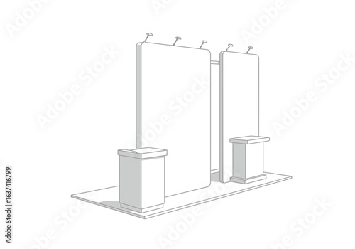 Two exhibit booth displays sit atop a platform with two stands each Lighting fixtures adorn the top