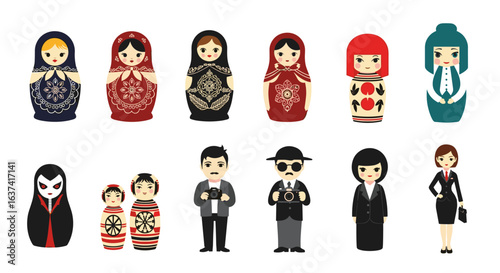 Captivating collection of diverse matryoshka dolls featuring traditional and modern characters from around the world