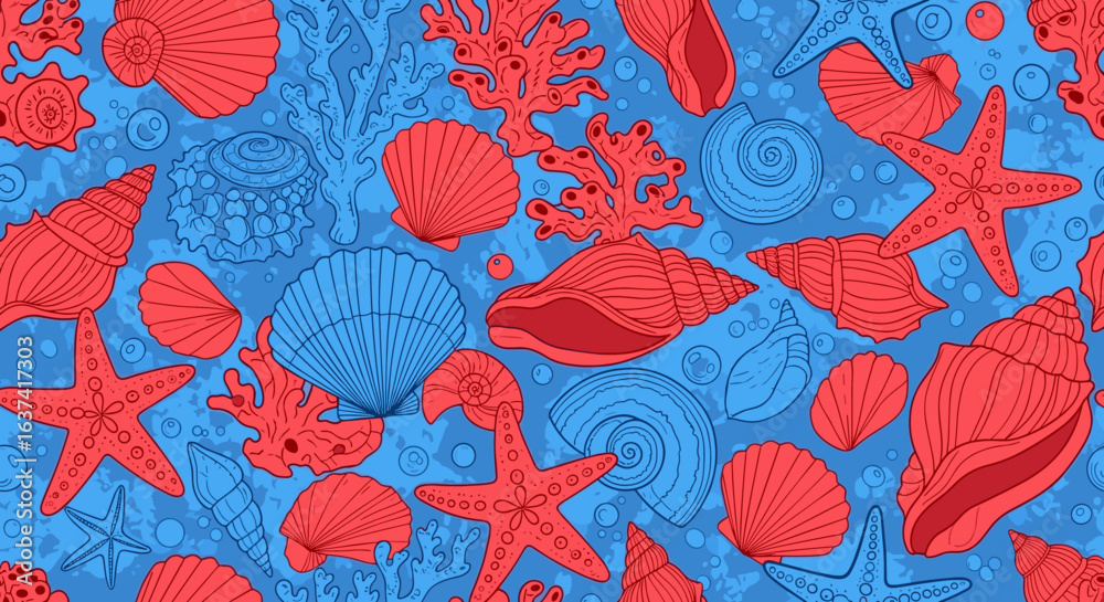 Naklejka premium Seamless pattern of red marine life on a vibrant blue ocean background featuring seashells starfish and corals