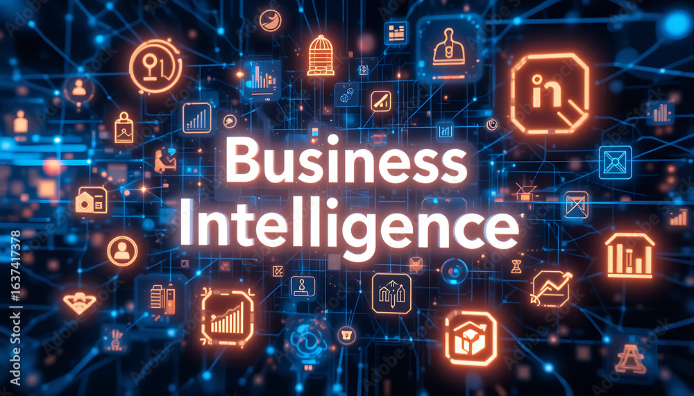 Fototapeta premium Comprehensive Business Intelligence and Advanced Analytics Visualization: Professional Digital Dashboard Interface with Strategic Data Insights, Performance Metrics, and Icon-Based Analytical Tools