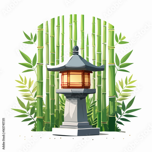 Stone lantern in front of bamboo forest, natural light, traditional Japanese atmosphere