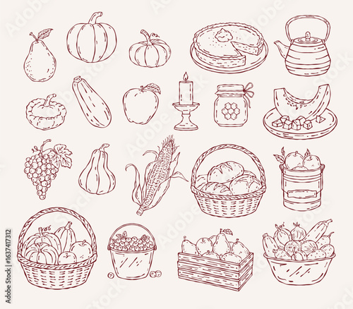 Outline autumn harvest set with vegetables, fruits, bread, pies, and kitchen elements. Perfect for coloring pages and seasonal designs