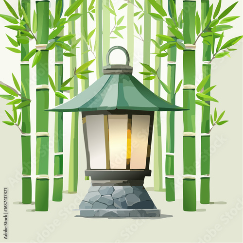 Stone lantern in front of bamboo forest, natural light, traditional Japanese atmosphere