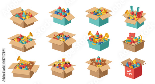 Collection of colorful building blocks and toys packed in cardboard and plastic boxes