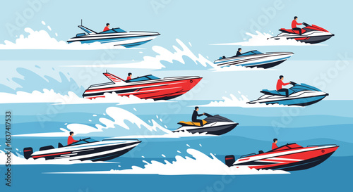 Diverse collection of fast boats and watercrafts speeding across the ocean surface creating white water waves with sunny sky background