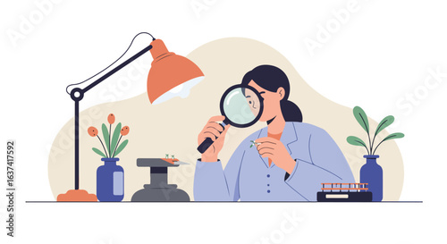 Scientist inspecting plant specimen with magnifying glass at laboratory table