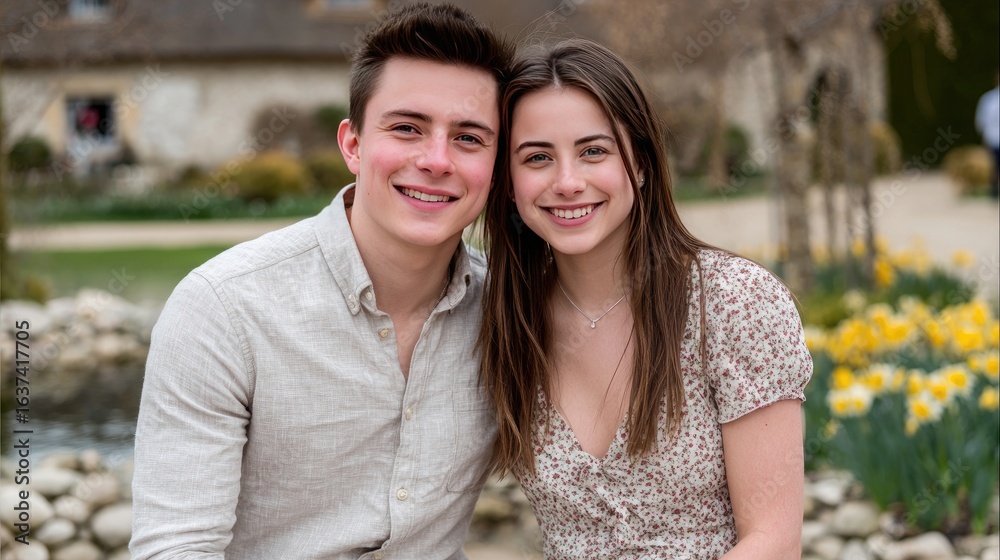 Fototapeta premium Smiling Couple in Garden Setting with Spring Flowers