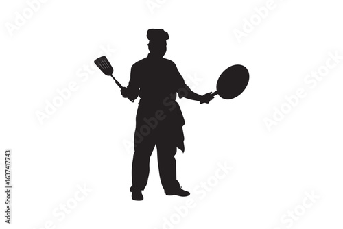 A chef in uniform holding a spatula and a frying pan depicted in a striking black silhouette against a white background showcasing culinary skills silhouette