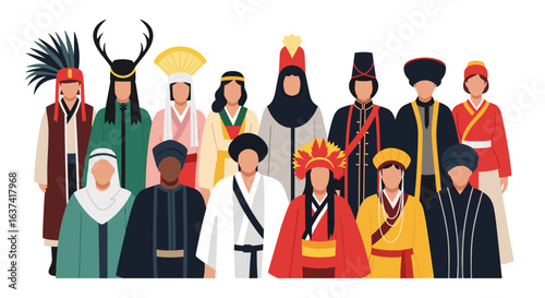 Diverse collection of people wearing traditional clothing represents global cultures and heritage