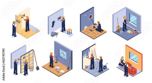 Home renovation and improvement services professionals undertaking various construction and repair tasks