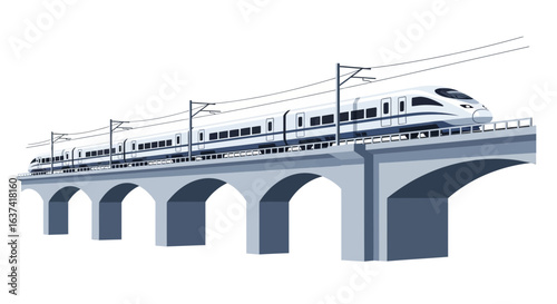 Modern High-Speed Train Traversing an Elevated Viaduct Structure