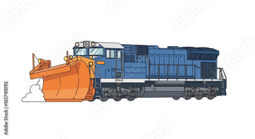 Powerful snowplow locomotive in vibrant colors against pristine background