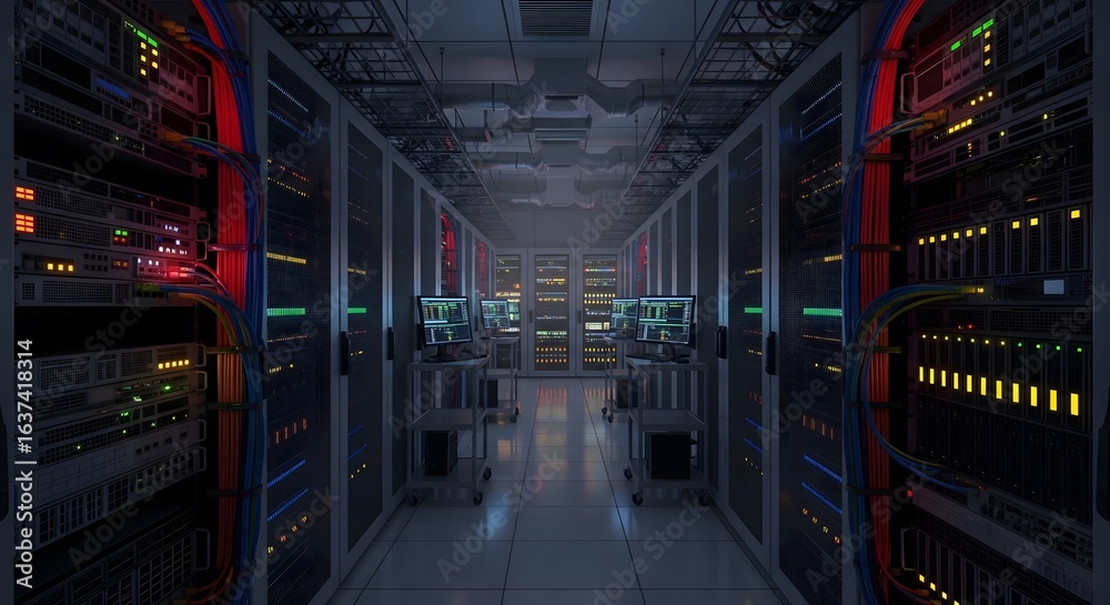 Naklejka premium colorful light server in the dark center room with computers and storage systems