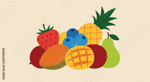 Variety of fruits pineapple, mango, berries, pear and strawberry