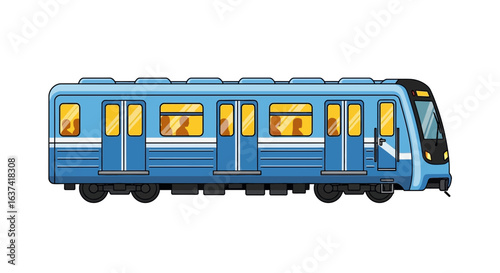 Stylized illustration of a blue subway train with passengers inside