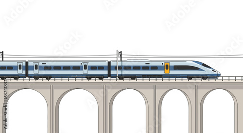 Stylized illustration of a modern high-speed train crossing a viaduct