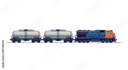 Stylized isolated illustration showcasing modern locomotive with tank cars