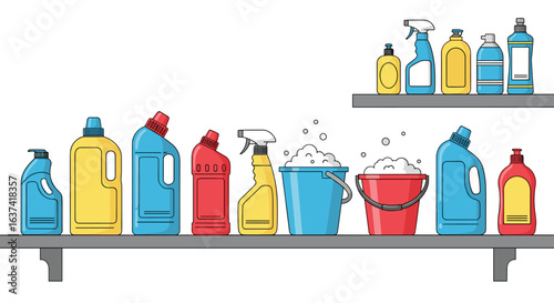 A collection of household cleaning products and buckets on shelves ready for domestic chores