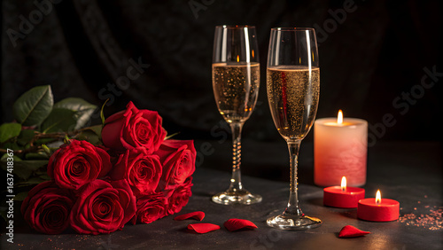 Romance and Celebration: Champagne flutes clink, their effervescence mirroring the glow of candlelight. Crimson roses cascade, their petals a soft counterpoint to the celebratory bubbles. 