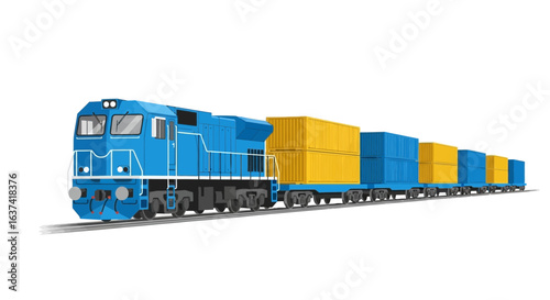Stylized Vector of a Blue Train Carrying Shipping Containers with Yellow Accents
