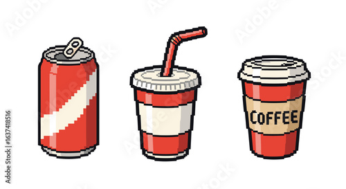 Pixel art collection of three red beverage containers including a soda can a takeaway cup with straw and a coffee cup