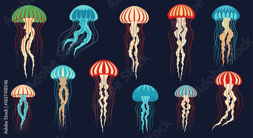 A collection of vibrant jellyfish swimming gracefully in the deep blue ocean waters displaying their tentacles