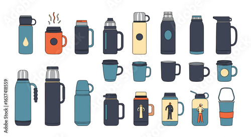 A collection of various insulated flasks and mugs for hot and cold beverages ideal for travel and outdoor activities