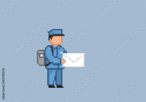 Pixel letter carrier delivers a mail message on a blue background, for games